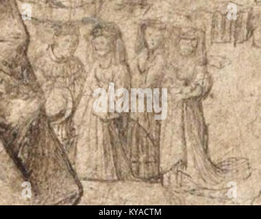 Détail de la peinture de 1437 de Jan van Eyck de Sainte Barbara de Nicodemie, montrant l'iconographie religieuse, le contexte historique et la technique de peinture à l'huile. Banque D'Images