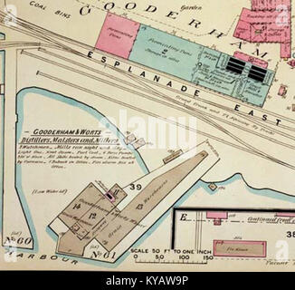 Une carte de 1880 montrant l'élévateur à grains Gooderham and Worts à Toronto, Canada, illustrant son rôle dans l'infrastructure industrielle et le développement urbain de la ville. Banque D'Images