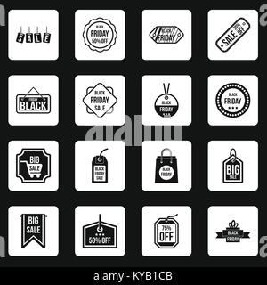 Le vendredi noir icons set dans les carrés blancs sur fond noir simple style vector illustration Illustration de Vecteur