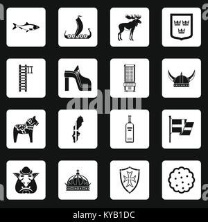 La Suède travel icons set dans les carrés blancs sur fond noir simple style vector illustration Illustration de Vecteur