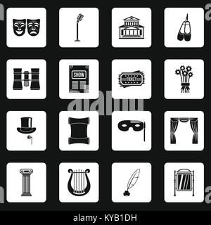 Theatre icons set dans les carrés blancs sur fond noir simple style vector illustration Illustration de Vecteur