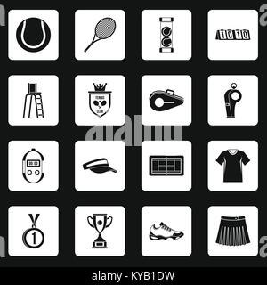 Tennis icons set dans les carrés blancs sur fond noir simple style vector illustration Illustration de Vecteur