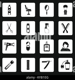 La coiffure icons set dans les carrés blancs sur fond noir simple style vector illustration Illustration de Vecteur