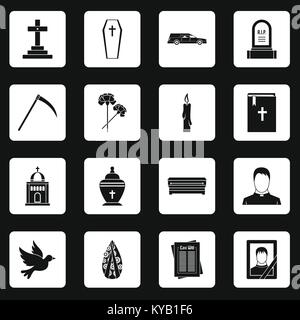 Funérailles icons set dans les carrés blancs sur fond noir simple style vector illustration Illustration de Vecteur