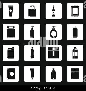 Les éléments d'emballage icons set dans les carrés blancs sur fond noir simple style vector illustration Illustration de Vecteur