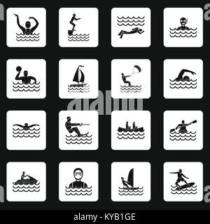 Sport eau icons set dans les carrés blancs sur fond noir simple style vector illustration Illustration de Vecteur