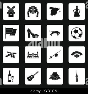 Spain travel icons set dans les carrés blancs sur fond noir simple style vector illustration Illustration de Vecteur