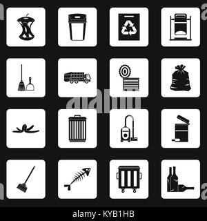 Chose ordures icons set dans les carrés blancs sur fond noir simple style vector illustration Illustration de Vecteur
