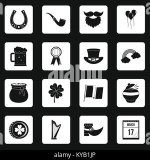 Saint Patrick icons set dans les carrés blancs sur fond noir simple style vector illustration Illustration de Vecteur