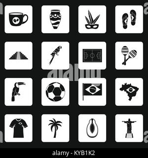 Symboles Le Brésil Voyage icons set dans les carrés blancs sur fond noir simple style vector illustration Illustration de Vecteur