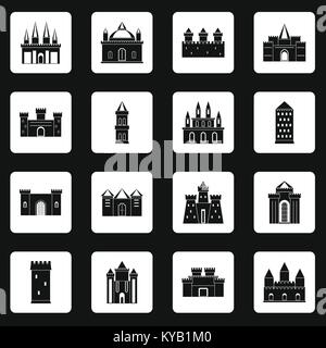 Tours et châteaux icons set dans les carrés blancs sur fond noir simple style vector illustration Illustration de Vecteur