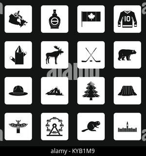 Canada travel icons set dans les carrés blancs sur fond noir simple style vector illustration Illustration de Vecteur