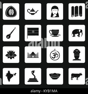 L'Inde travel icons set dans les carrés blancs sur fond noir simple style vector illustration Illustration de Vecteur