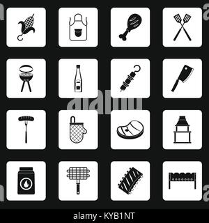 Aliments BBQ icons set dans les carrés blancs sur fond noir simple style vector illustration Illustration de Vecteur