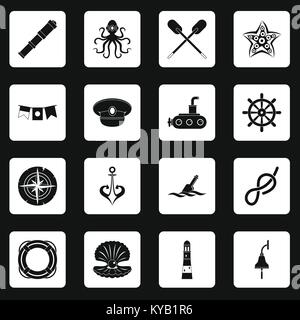 Nautical icons set dans les carrés blancs sur fond noir simple style vector illustration Illustration de Vecteur