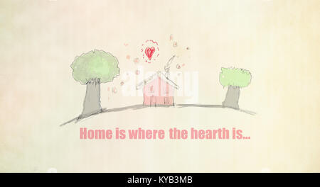 La maison est l'endroit où l'amour est simple dessins, devis background Banque D'Images