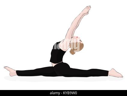 Yoga pose, femme à faire le grand écart, vector dessin multicolore portrait. Cartoon girl est engagé dans la gymnastique. Isolé sur fond blanc Illustration de Vecteur