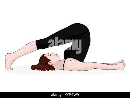 Le yoga, la femme dans une pose halasana, vector dessin multicolore portrait. Cartoon girl est engagé dans la gymnastique. Isolé sur fond blanc Illustration de Vecteur