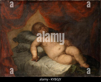 Une peinture de Bartolomé Esteban Murillo, « le Christ bébé endormi », mettant en valeur la représentation sereine de l'enfant Jésus, capturée dans une scène religieuse tendre par l'artiste baroque espagnol. Banque D'Images