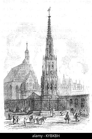 Une illustration de Stumpf de 1852 représentant la Schöner Brunnen, ou belle fontaine, à Nuremberg, en Allemagne, un monument de style gothique du XIVe siècle connu pour son design orné et son importance culturelle. Banque D'Images