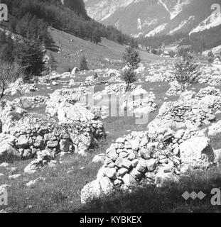 Une photographie de 1952 de Trenta, Slovénie, montrant des pierres collectées dans un pré de montagne. L'image illustre les pratiques traditionnelles de défrichement utilisées pour créer des pâturages dans les zones alpines. Banque D'Images