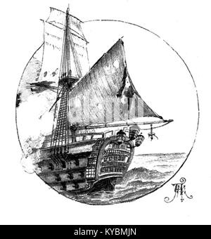 Une illustration représentant le navire espagnol Santísima de Trinidad lors de la bataille de Trafalgar en 1805, un engagement naval majeur entre les flottes britannique et franco-espagnole. L’œuvre a été créée pour l’œuvre Trafalgar de Benito Pérez Galdós, représentant un moment clé de l’histoire maritime. Banque D'Images