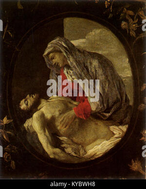 Le Pietà est une peinture à l'huile réalisée en collaboration par Nicolas Poussin et Daniel Seghers, conservée au musée Thomas-Henry. L'œuvre représente la Vierge Marie en deuil sur le corps du Christ, combinant symbolisme religieux et composition baroque. Banque D'Images