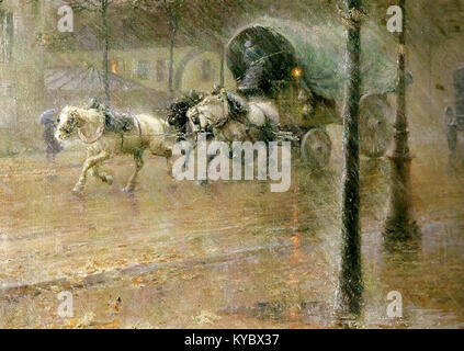 Le tableau de Nils Kreuger « In the Rain, Paris » représente une scène de rue parisienne pluvieuse, mettant en valeur son style impressionniste et l'atmosphère vibrante de la ville lors d'une tempête. Banque D'Images