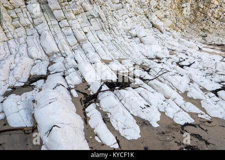 Close up rock strata à Chalk cliffs à Selwicks Bay, Flamborough, North Yorkshire, Angleterre. Banque D'Images