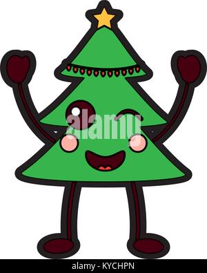 Arbre de Noël kawaii cartoon smiling Illustration de Vecteur