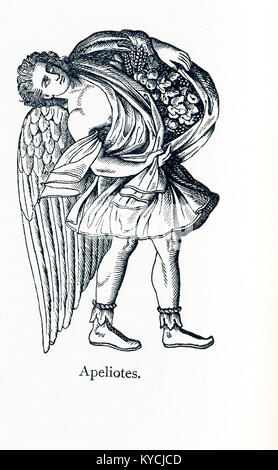 La figure ci-contre, selon la mythologie grecque, est Apeliotes, dieu du vent du sud-est, qui a été associée à une bonne pluie. Ainsi, dans l'art, on lui a montré l'exercice fruits et drapé dans un tissu fleurs cachées ou de grain. En général, il avait montré la tenue d'un étambot du navire parce que quand le vent soufflait du sud-ouest sous forme d'Athènes dans le port de port du Pirée, les navires ne pouvaient pas naviguer. Zéphyr était le dieu de l'ouest vent. Zéphyr était le plus doux des vents et considéré comme un signe avant-coureur du printemps. Il a été photographié avec des fleurs qui ont indiqué une légère brise légère. Eurus, ou d'euros, était le dieu de t Banque D'Images