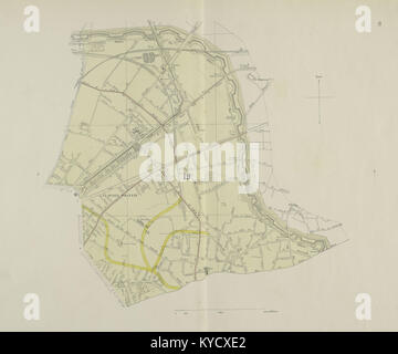 Une carte historique d'Eugène Andriveau-goujon représentant le 19e arrondissement de Paris, détaillant les rues, les blocs et les monuments remarquables. Banque D'Images