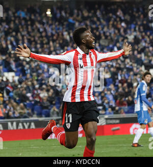 14 janvier 2018 - Cornella, Barcelone, Espagne - La Liga lors de la correspondance entre l'Espanyol et Athletic de Bilbao a joué au Stade RCDE. (11)Williams égaler le match au premier semestre. Credit : Joan Gosa Badia/Alamy Live News Banque D'Images