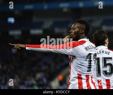 14 janvier 2018 - Cornella, Barcelone, Espagne - La Liga lors de la correspondance entre l'Espanyol et Athletic de Bilbao a joué au Stade RCDE. (11)Williams égaler le match au premier semestre. Credit : Joan Gosa Badia/Alamy Live News Banque D'Images