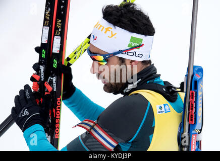 Inzell, Allemagne. 14Th Jan, 2018. Martin Fourcade de France pendant l'événement de démarrage de masse (15 km) de la Coupe du monde à l'arène Chiemgau à Ruhpolding, Allemagne, 14 janvier 2018. Crédit : Sven Hoppe/dpa/Alamy Live News Banque D'Images