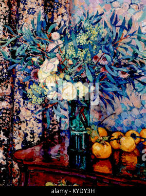 Peinture de natures mortes de l’artiste belge Théo van Rysselberghe représentant des roses jaunes, des kakis et des mimosas, montrant la maîtrise de la couleur et de la lumière par l’artiste dans un style post-impressionniste. Banque D'Images