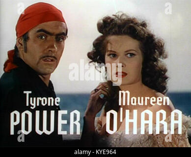 Film fixe de 'Black Swan' mettant en vedette les acteurs Tyrone Power et Maureen O'Hara, représentant le cinéma américain des années 1940 et des performances de stars hollywoodiennes. Banque D'Images