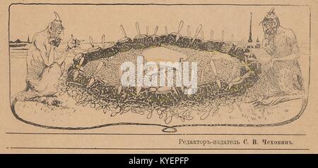 Illustration de la revue satirique russe Maski (masques) illustrant deux humain-comme des créatures mythiques d'un klaxon sur chacune de leur tête assis sur le côté opposé d'un cercle composé de chapeaux de la garde impériale, avec un grand chapeau militaire dans le centre, 1906. () Banque D'Images