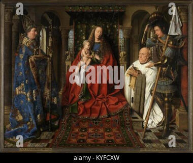 Vierge à l'enfant avec Canon van der Paele de Jan van Eyck est une peinture du XVe siècle montrant la Vierge Marie, Christ enfant, et Canon van der Paele, connu pour le réalisme et la technique de l'huile. Banque D'Images