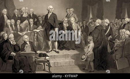Une mezzotint de 1849 de T.H. Matteson et H.S. Sadd représente George Washington prononçant son discours inaugural le 30 avril 1789 à l'ancien hôtel de ville de New York, marquant la première inauguration présidentielle des États-Unis. Banque D'Images