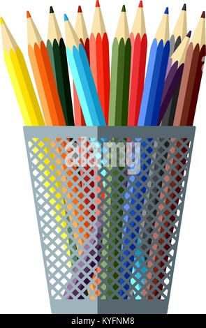 Set de 12 crayons de couleur dans un verre. Télévision vector illustration isolé sur fond blanc Illustration de Vecteur