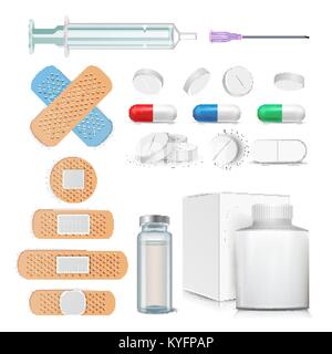 Articles médicaux vecteur. Pilules, médicaments, ampoule, seringue, Patch. Illustration isolé Illustration de Vecteur