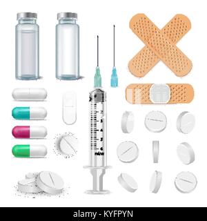Articles médicaux vecteur. Pilules, médicaments, ampoule, seringue, Patch. Illustration isolé Illustration de Vecteur