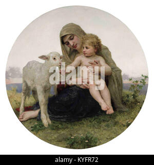Peinture à l'huile de William-Adolphe Bouguereau intitulée « la Vierge à l'agneau », représentant la Vierge Marie avec un agneau, mettant en valeur l'art académique français du XIXe siècle et des thèmes religieux. Banque D'Images