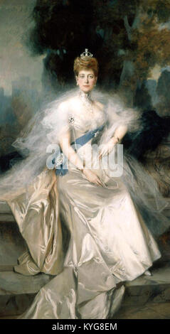 Ce portrait de François Flameng représente la reine Alexandra du Royaume-Uni dans une pose formelle, soulignant son statut et son élégance en tant que reine consort. Banque D'Images