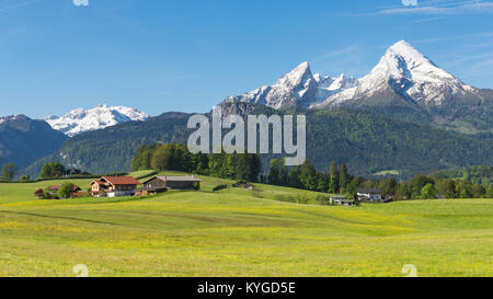 Campagne traditionnel printemps alpin paysage panoramique dans la municipalité bavaroise avec Berchtesgaden Watzmann mont et la floraison meadow Banque D'Images