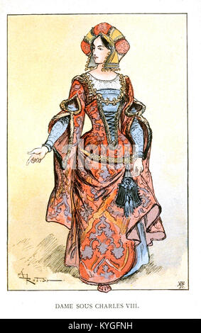 Illustration par Albert Robida de "Mesdames nos aîeules" montrant la mode féminine française du Xe siècle, mettant en valeur les vêtements historiques, les vêtements et le style culturel. Banque D'Images