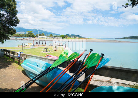 RAGLAN, Nouvelle-zélande - 14 janvier, 2018 ; vue sur la baie depuis entre ombragé d'arbres le long du bord du port del Rio avec des kayaks et pagaies en premier plan. Banque D'Images