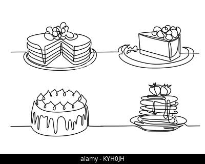 Set de dessin de ligne continu grand gâteau Illustration de Vecteur