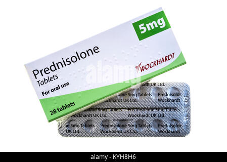 Prednisolone 5mg, comprimés de stéroïdes, fabriqué par C P Pharmaceuticals UK, le marketing par Wockhardt UK. Banque D'Images